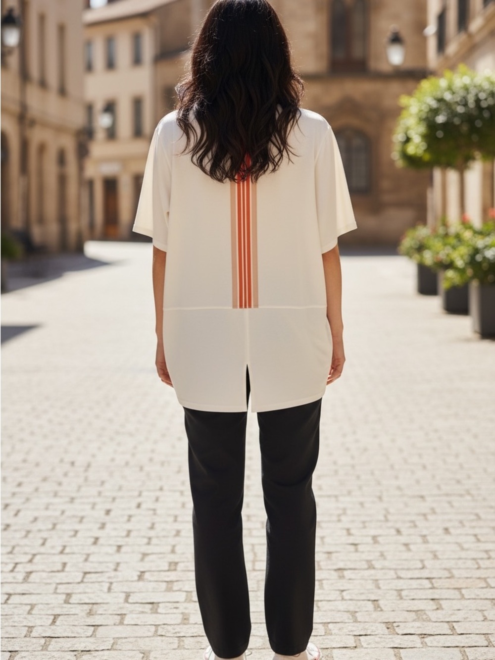 Cream Short-Sleeve Tunic with Orange Stripe Detail